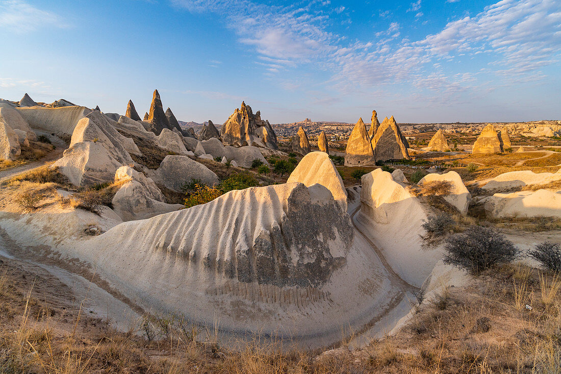 Tuff rock formations of Cappadocia. Rose valley, Goreme, Capadocia, Kaisery district, Anatolia, Turkey.