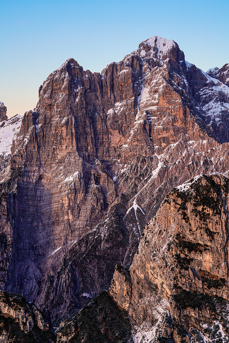 Burel wall, one of the highest of the Dolomites, seen fron Pala Alta. Dolomiti Bellunesi National Park, Belluno, Veneto, Italy, Europe.