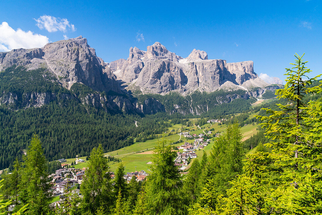 Sella mountains from the way to Sassongher mount in summer. Corvara, Alta Badia, Bolzano district; Trentino Alto Adige;Italy;Europe