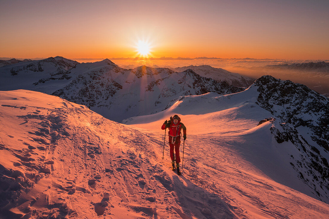 Ski mountaneer in backlight at sunrise into the summit of San Matteo mount. San Matteo peak, Forni glacier, Santa Caterina Valfurva, Valtellina, Sondrio district, Alps, Lombardy, Italy, Europe.