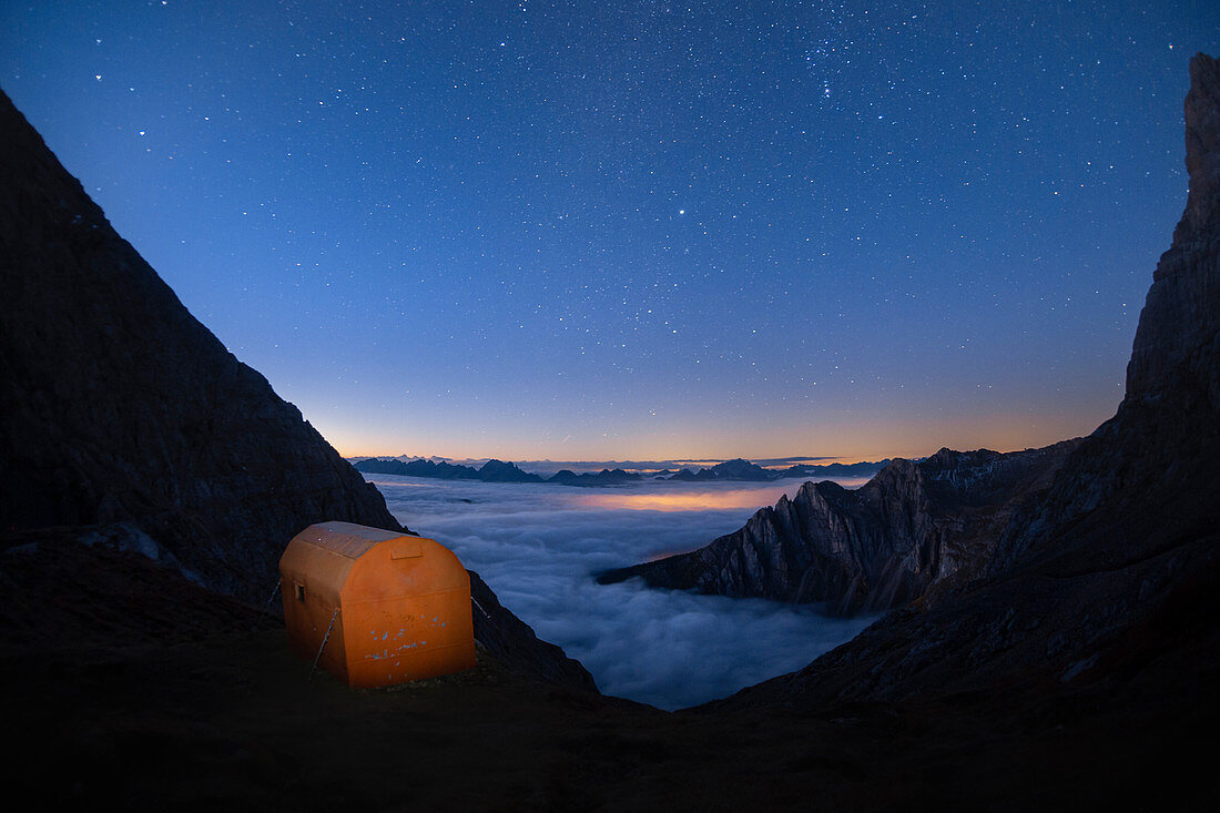 Nightscape of Dolomites mountains from Rigatti bivac in Latemar group. Costalunga pass, Fassa valley, Pozza di Fassa, Trento district, Dolomites, Italy, Europe.