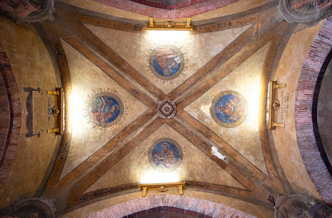 Frescoed ceiling inside the porch of Palazzo Podestà, Maggiore square, Bologna district, Emilia Romagna, Italy