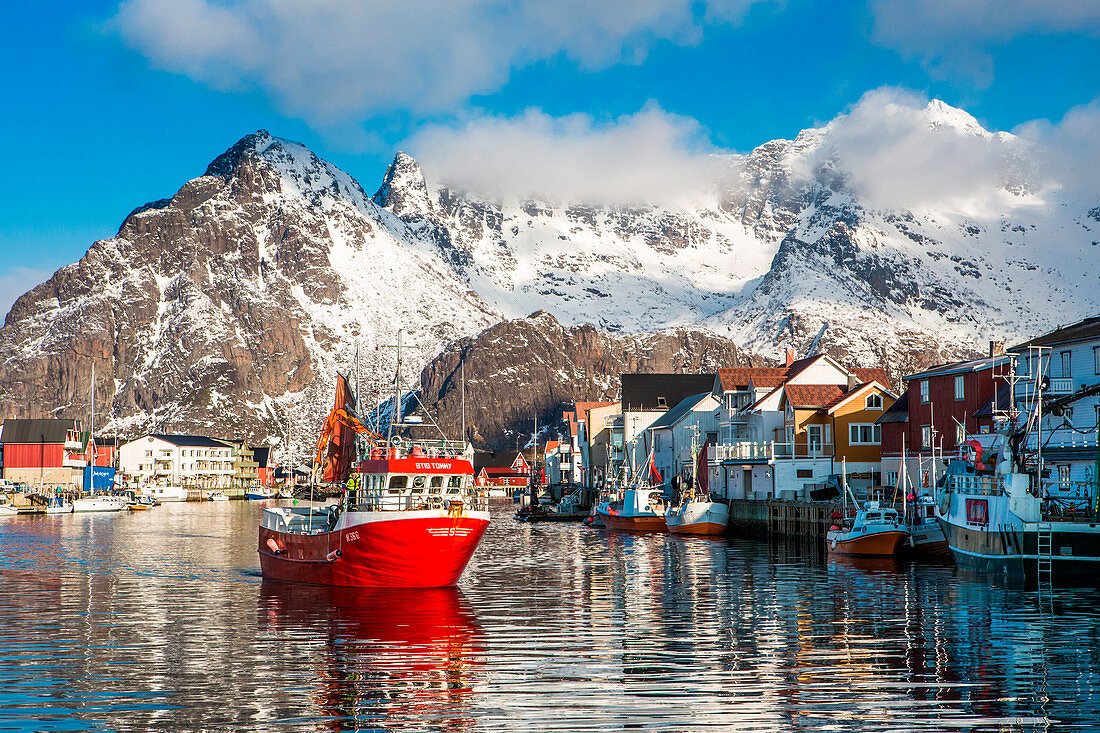 Boats in the port of Henningsvaer. Lofoten Islands. Norway. 