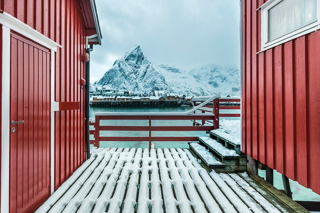 Typisches rotes Haus spiegelt sich im Meer, Reine, Lofoten, Norwegen
