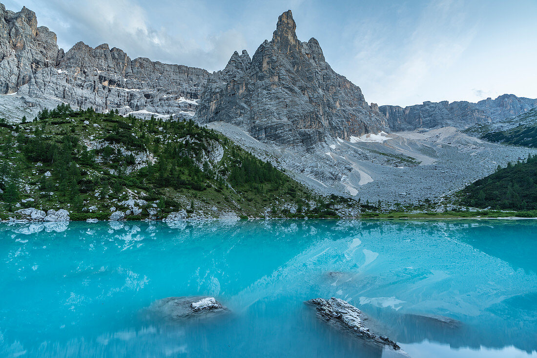 Sorapis Group and Sorapis Lake at dusk in summer. Cortina d'Ampezzo, Belluno province, Veneto, Italy.