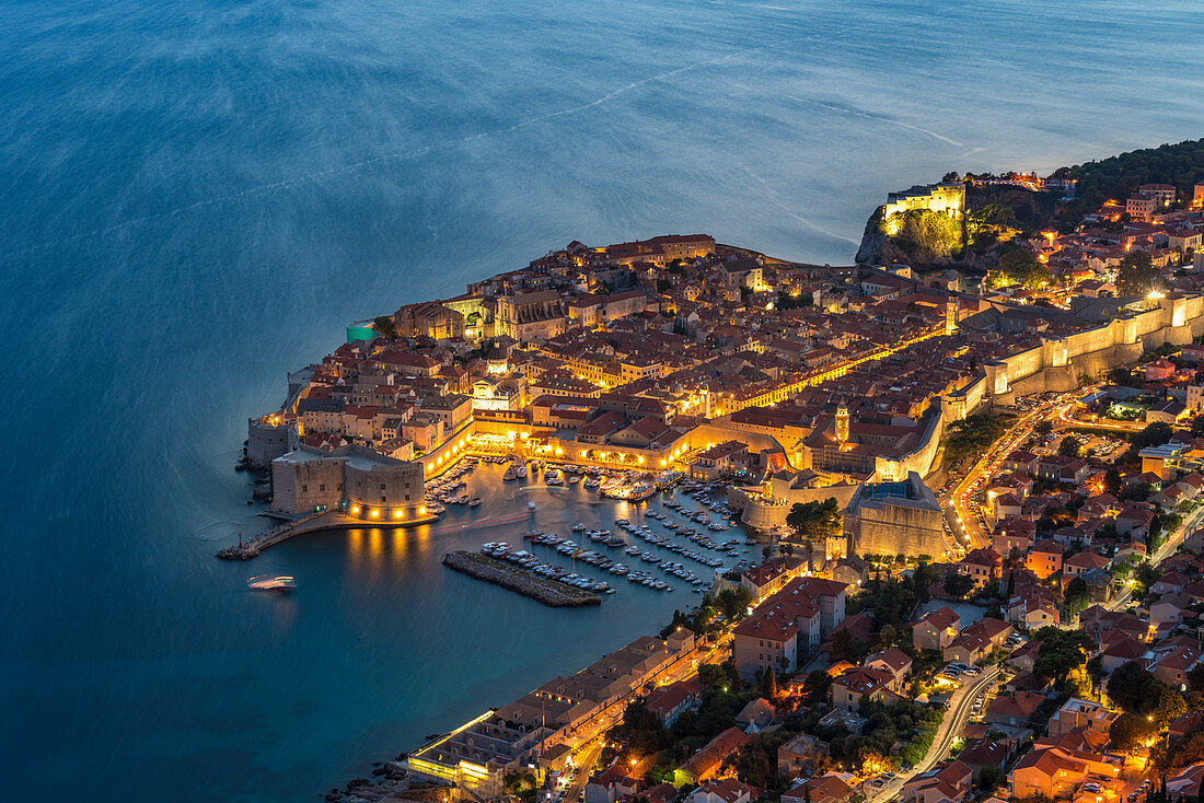 The town at dusk from an elevated point of view. Dubrovnik, Dubrovnik - Neretva county, Croatia.
