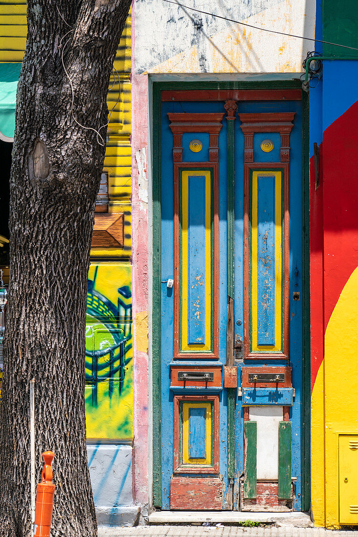 Multi coloured door and facade. El Caminito Street, La Boca district, Buenos Aires, Argentina.