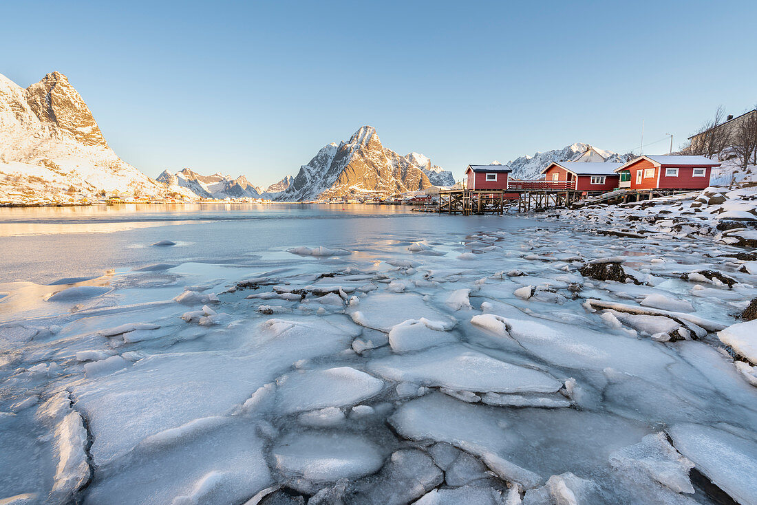 Traditional 'rorbu' houses, with frozen bay and Olstinden peak in the background. Reine, Nordland county, Northern Norway, Norway.