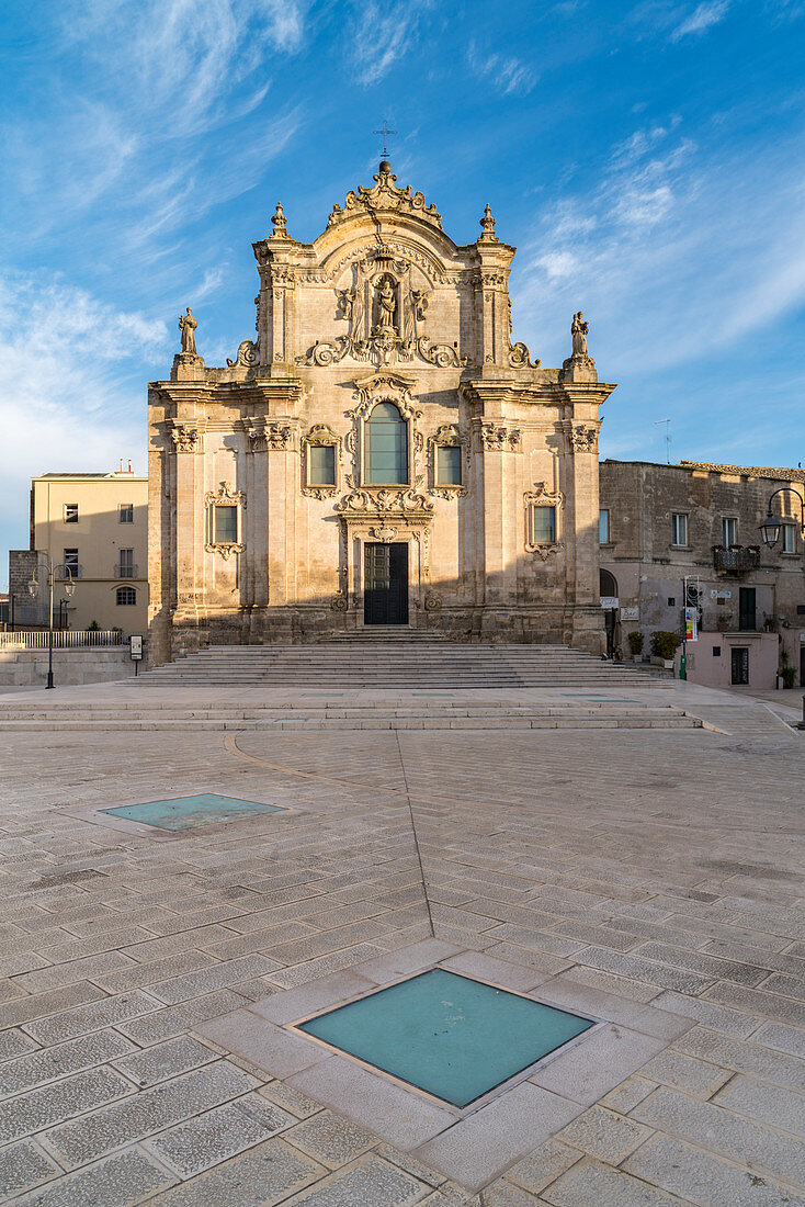 Church and square of San Francesco d'Assisi in the morning. Matera, Basilicata region, Italy.