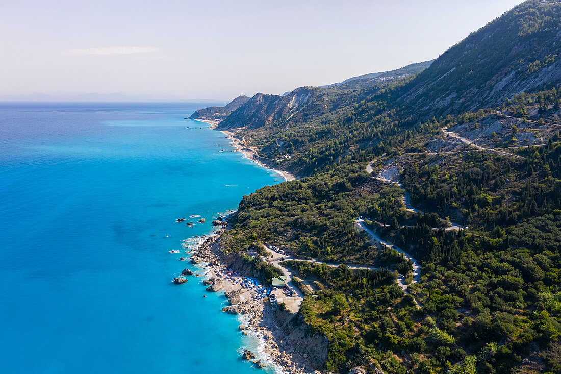 Winding road to Megali Petra beach. Lefkada, Ionian Islands region, Greece.