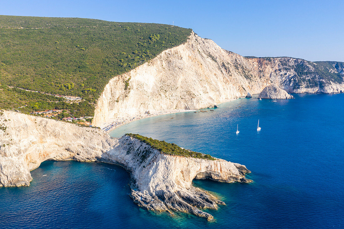 Arial view of the bay of Porto Katsiki, Lefkada, Ionian Islands region, Greece.