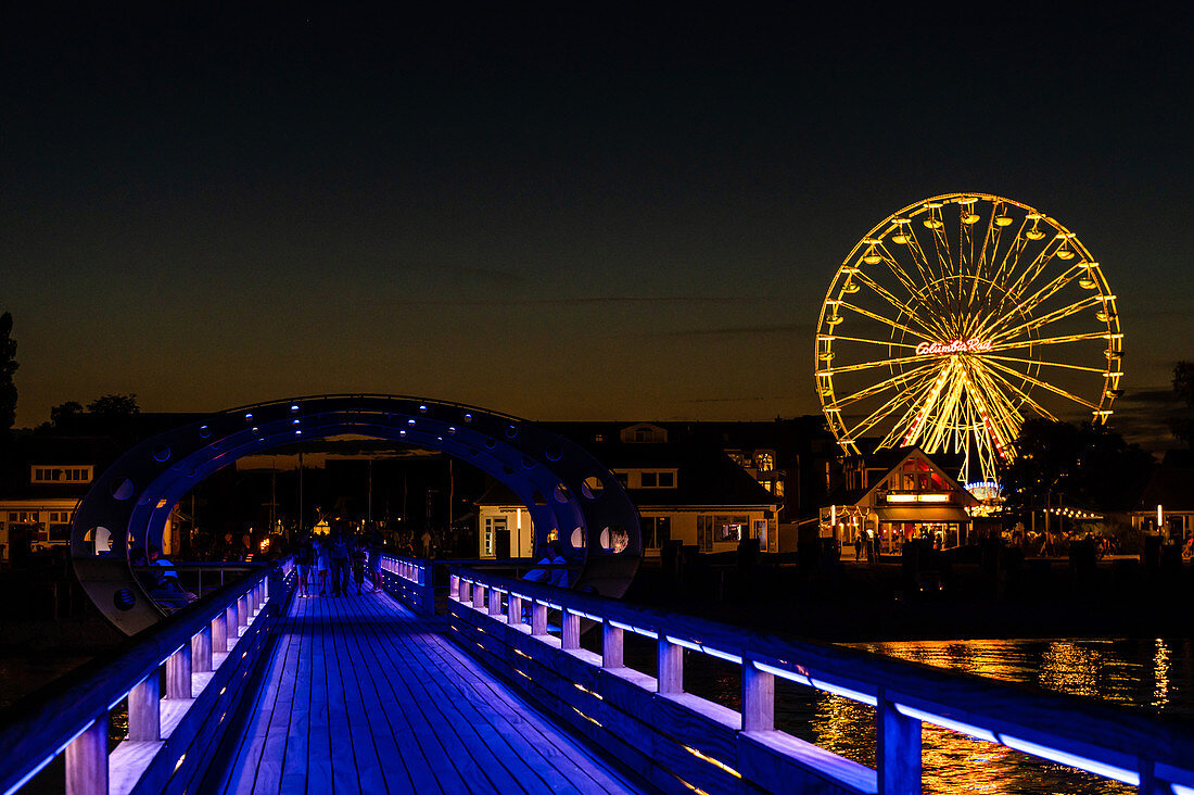 Kellenhusen pier with ferris wheel in the evening, Baltic Sea, Ostholstein, Schleswig-Holstein, Germany