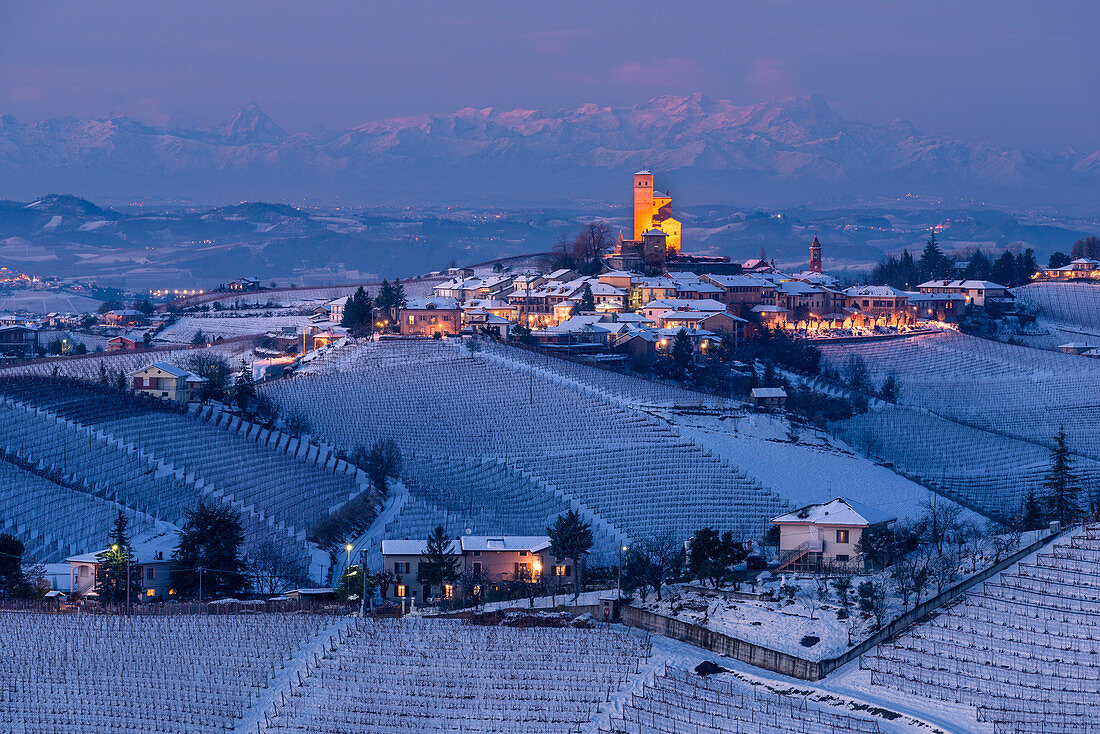 Serralunga d'Alba in winter at dusk. Italy, Piedmont, Langhe, Cuneo district.
