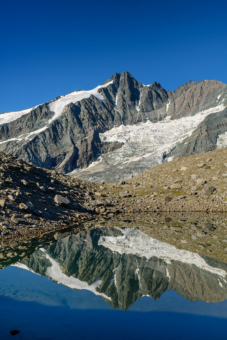 Grossglockner reflected in mountain lake, Glockner Group, Hohe Tauern, Hohe Tauern National Park, Carinthia, Austria