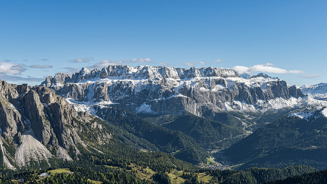 Wonderful view from Seceda of the surrounding mountains of the South Tyrolean Dolomites in Italy