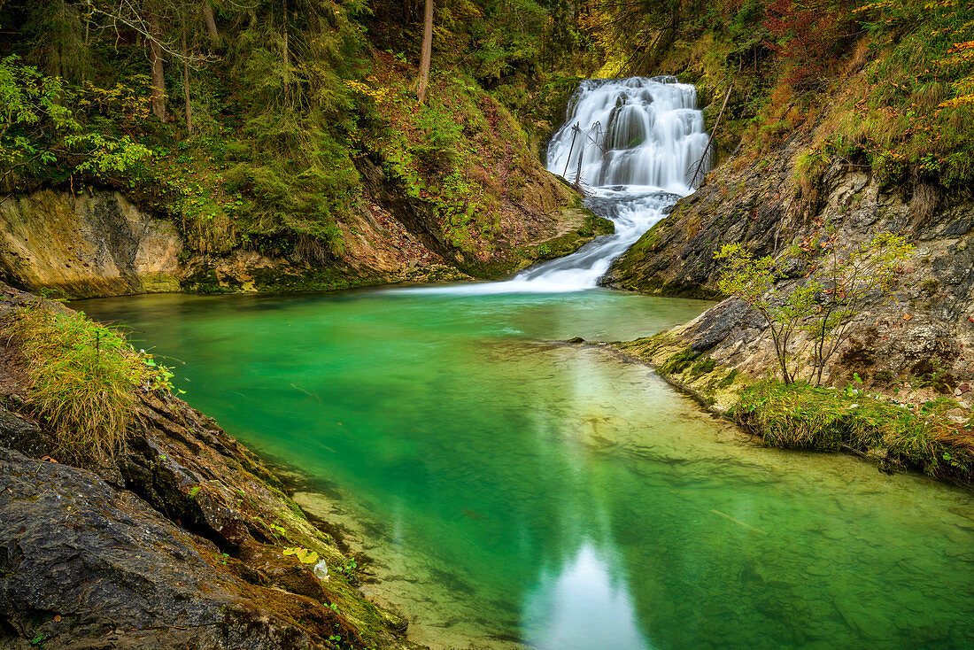 The waterfall on the Obernach Canal near Wallgau, Upper Bavaria, Bavaria, Germany