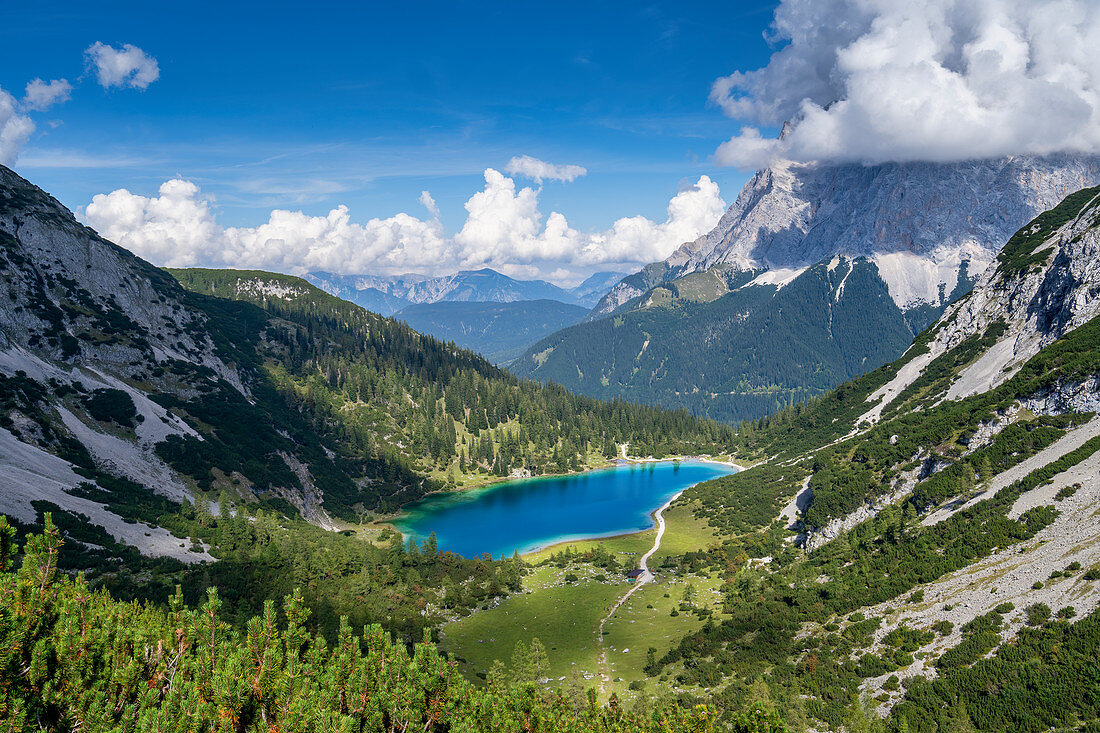 View of the Seebensee with the Wetterstein Mountains in the background, Ehrwald, Tyrol, Austria