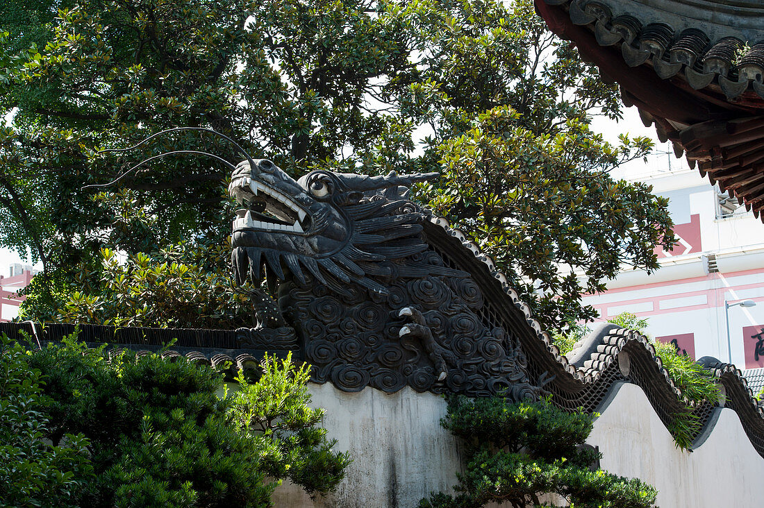 Die Drachenwand im Yu-Garten oder Yuyuan-Garten, einem weitläufigen chinesischen Garten neben dem Stadtgott-Tempel im Nordosten der Altstadt von Shanghai, China.