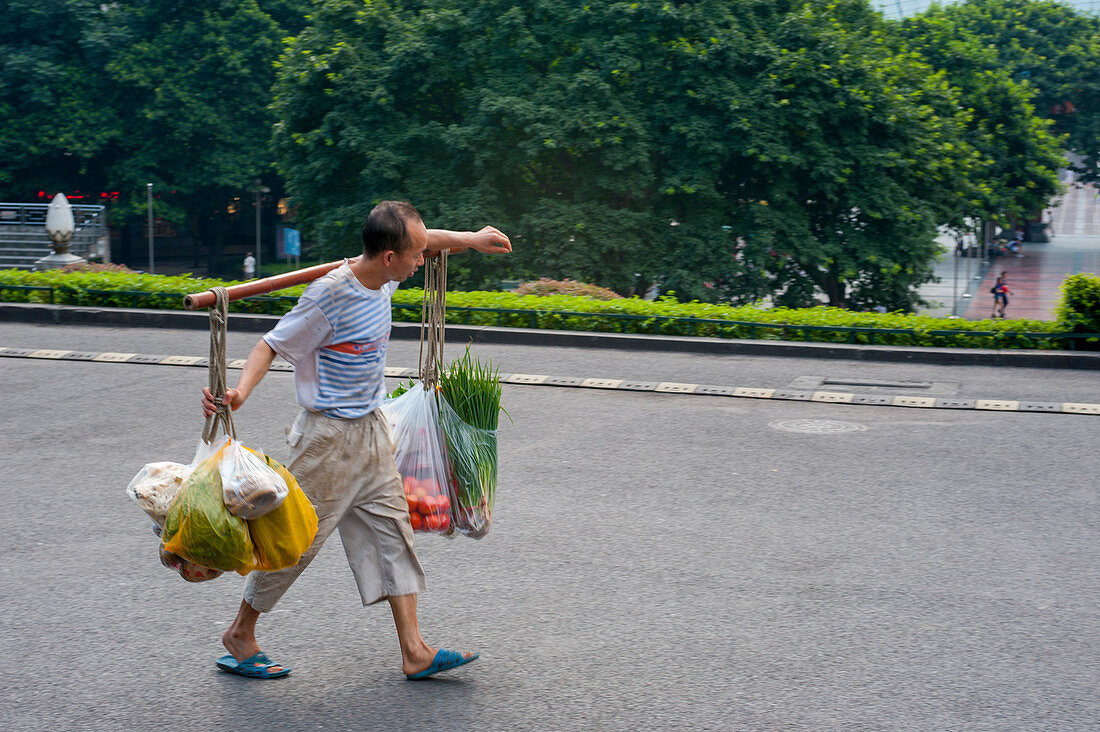 A man is carrying produce on a carrying pole, also called a shoulder pole, over the shoulders in Chongqing, China.