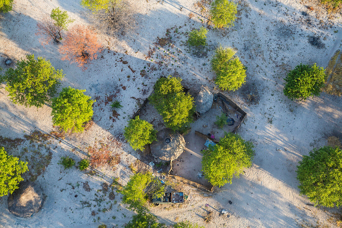 Aerial view of huts & village, Okavango Delta, Botswana, Africa