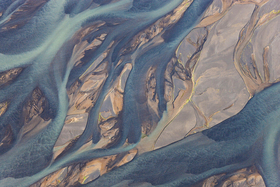 Aerial view of Hosa river coloured by glacial melt, South West Iceland