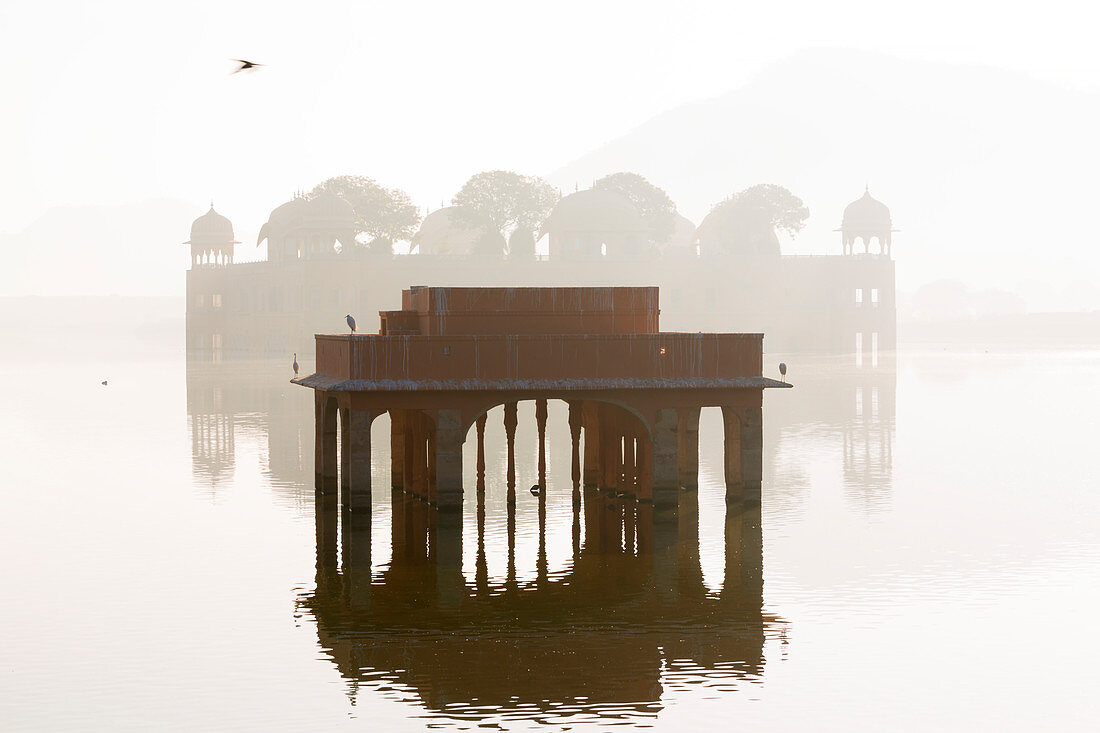Jal Mahal im Nebel am Man Sagar See in Jaipur, Indien