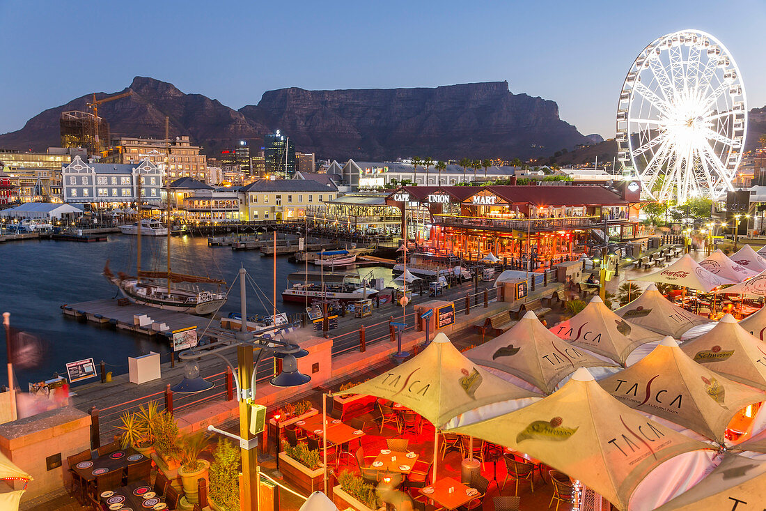 V&A waterfront at dusk, & Table Mountain, Cape Town, Western Cape, South Africa