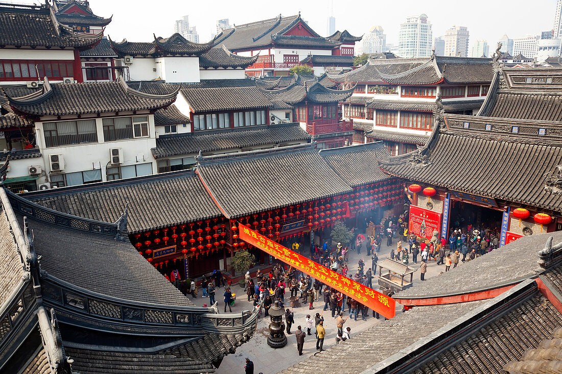 High angle view of the City God Temple, near Yuyuan Garden, Shanghai, China