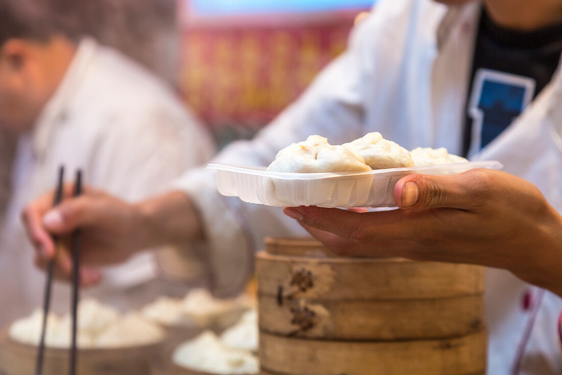 Person holding steamed dumplings at Donghuamen Night Market, Wangfujing, Beijing, China