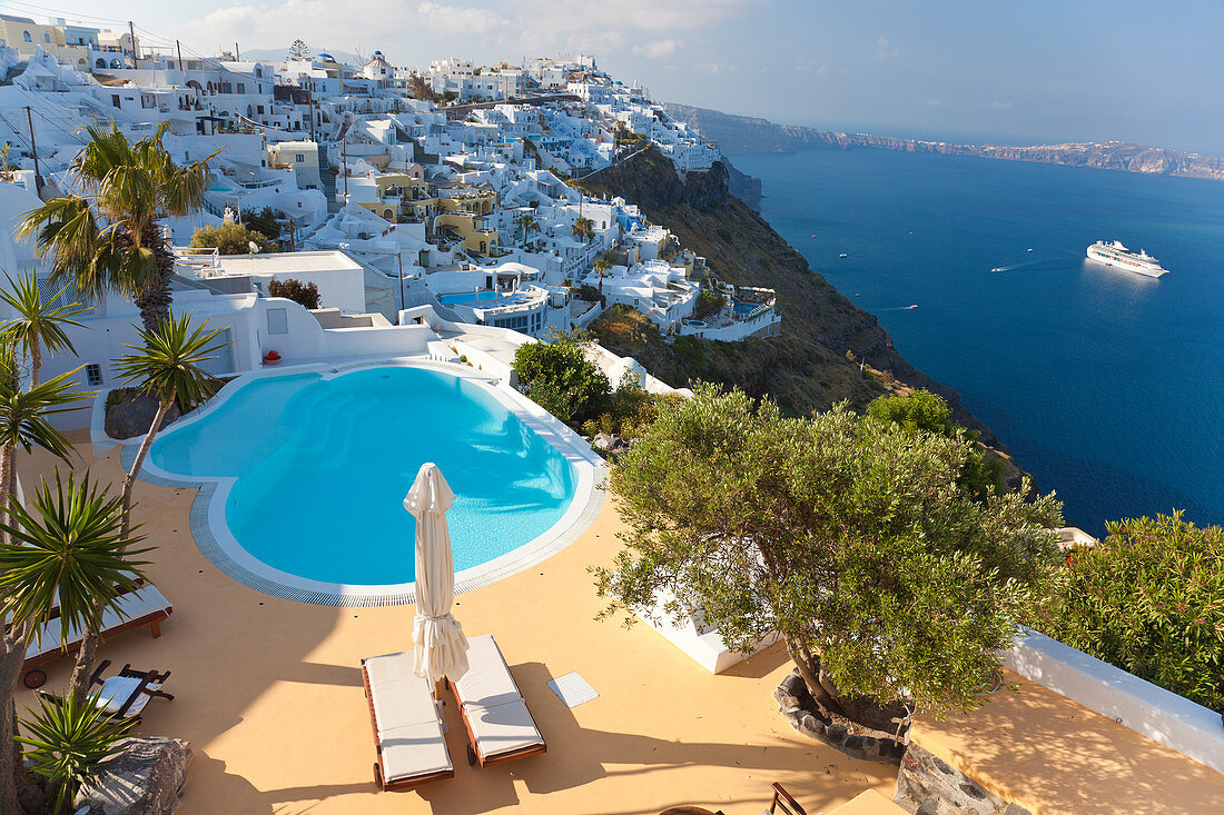 Fira and cruise ship, Fira, Santorini (Thira), Cyclades, Greece