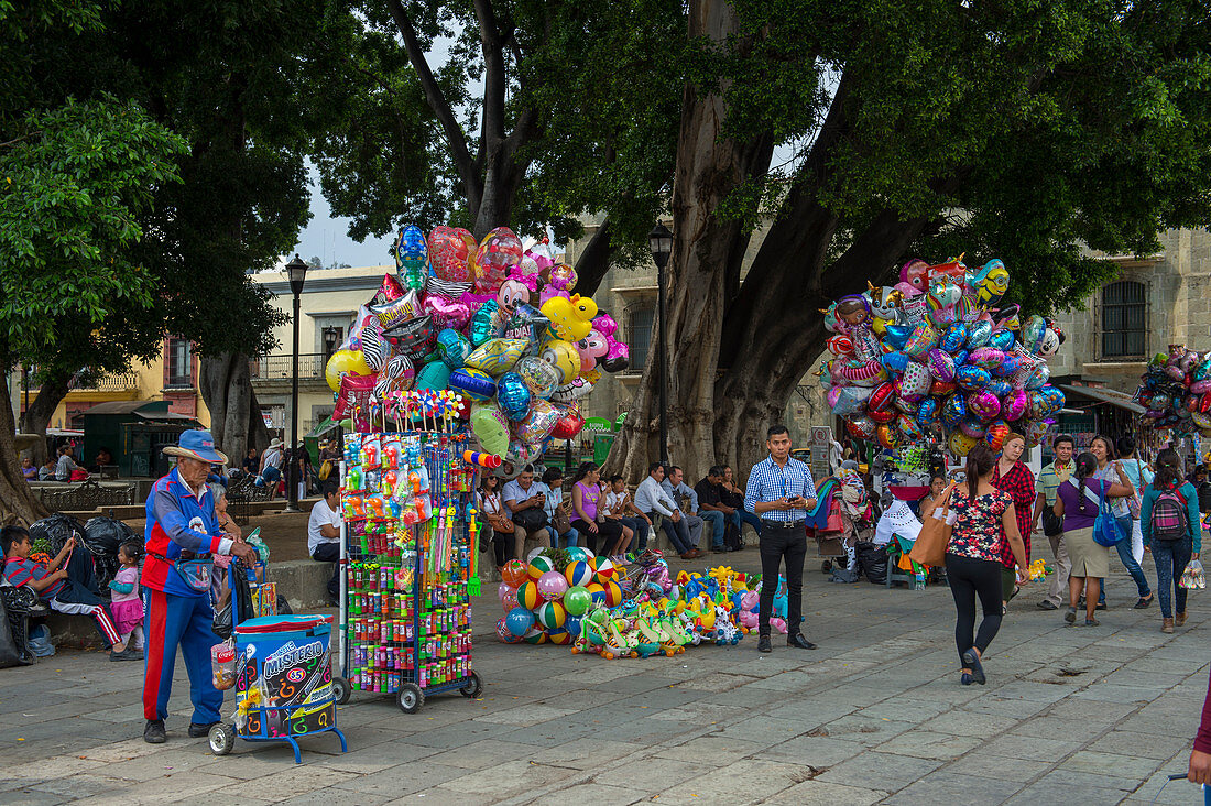 Menschen verkaufen Luftballons auf dem Platz vor der Kathedrale Unserer Lieben Frau von Mariä Himmelfahrt, erbaut in einem neoklassizistischen Stil, in der Stadt Oaxaca de Juarez, Oaxaca, Mexiko.