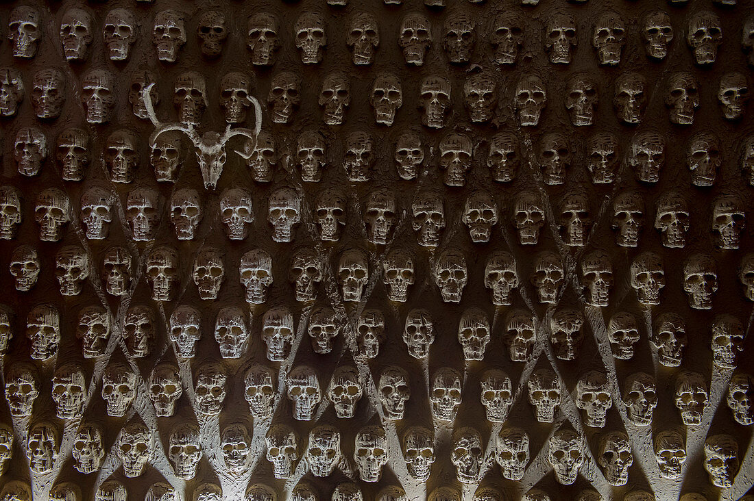 A wall of skulls in the Museo de los Pintores Oaxaquenos in Oaxaca City, Mexico.