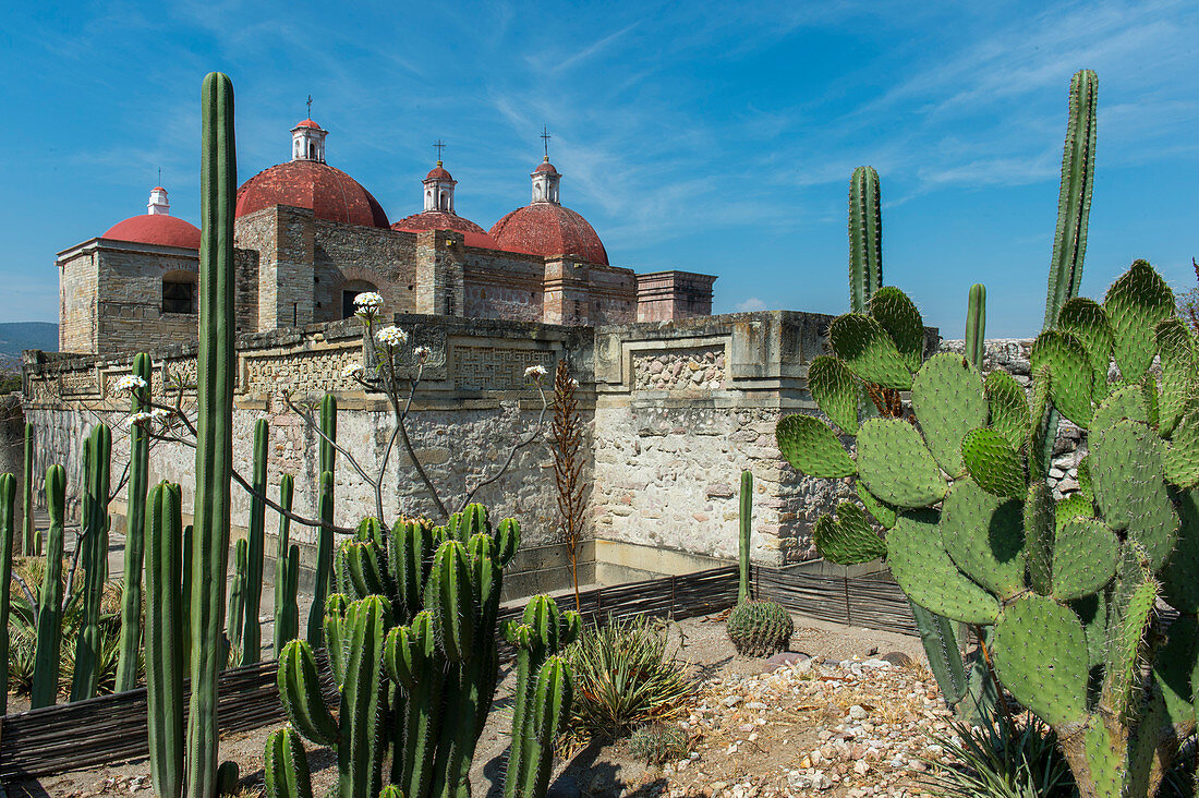 The Church or North Group with the Church of San Pedro in the background lies at the entrance to the Mesoamerican archaeological site (UNESCO World Heritage Site) in Mitla, a small town in the Valley of Oaxaca, southern Mexico.