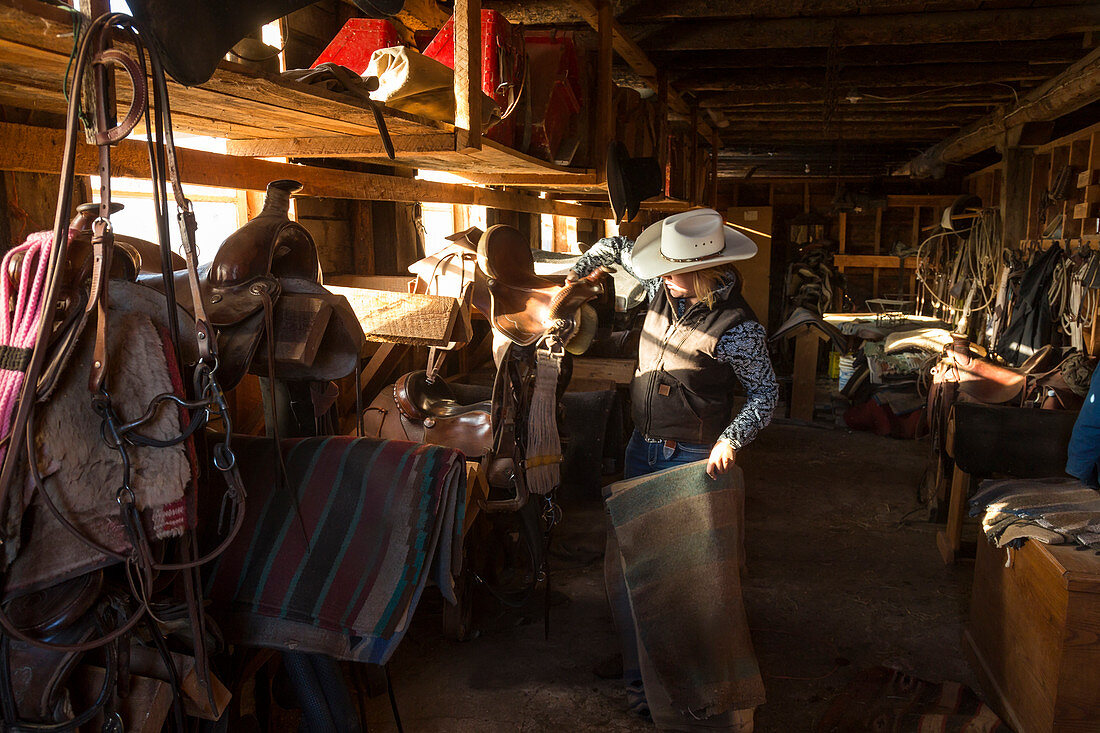 Cowgirl removing saddle & blanket from storeroom, ranch, British Colombia, Canada. Model released.