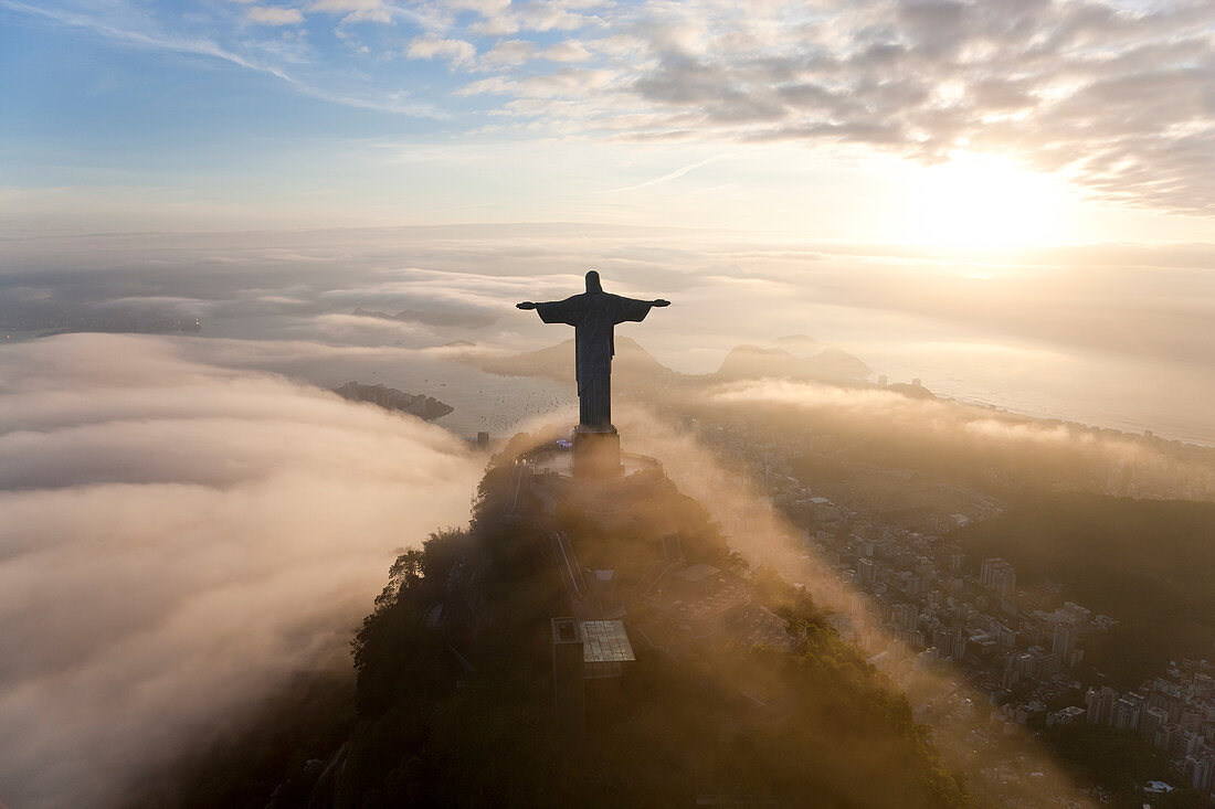 Aerial view of Christ Redeemer statue on the Corcovado Mountain, Rio de Janeiro, Brazil