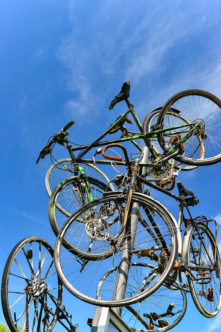 Sculpture with several bicycles on a high pole, Melk an der Donau, Austria