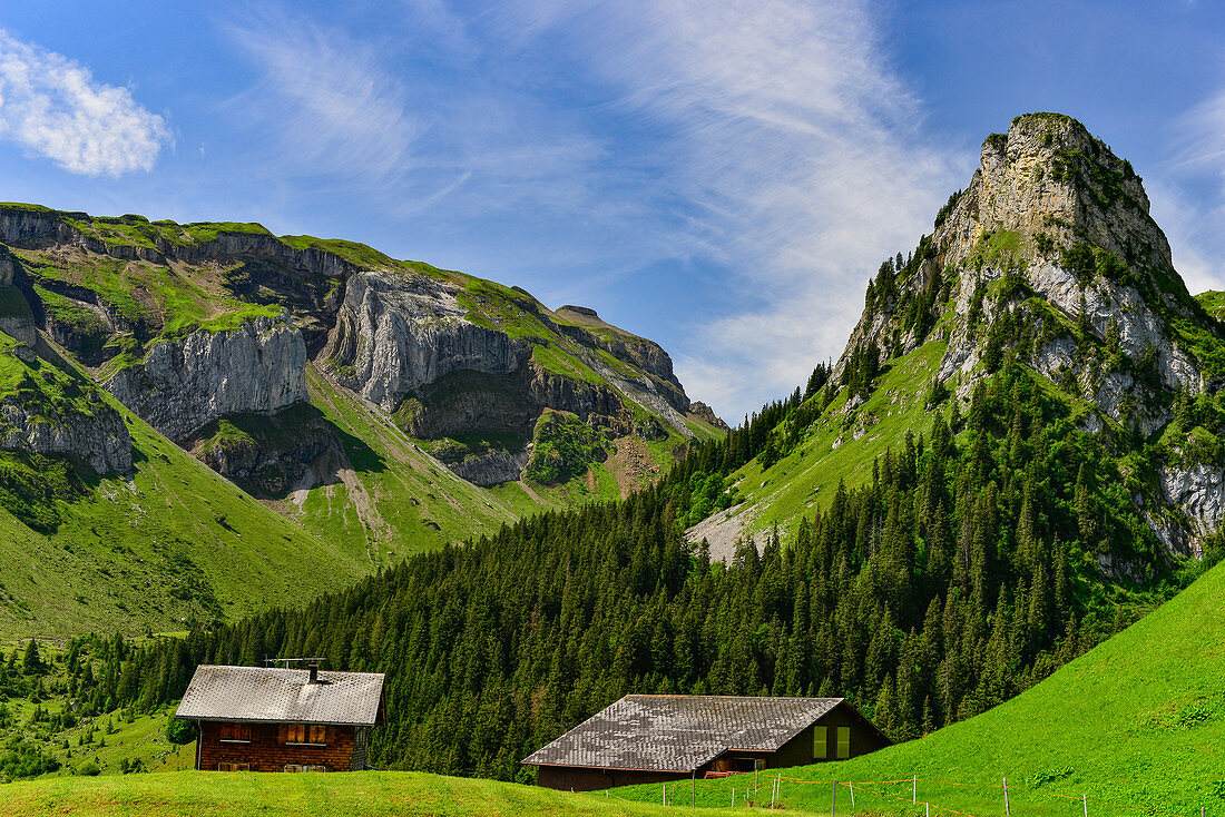 Mountain huts and panorama at Gitschenen, near Isenthal, Switzerland