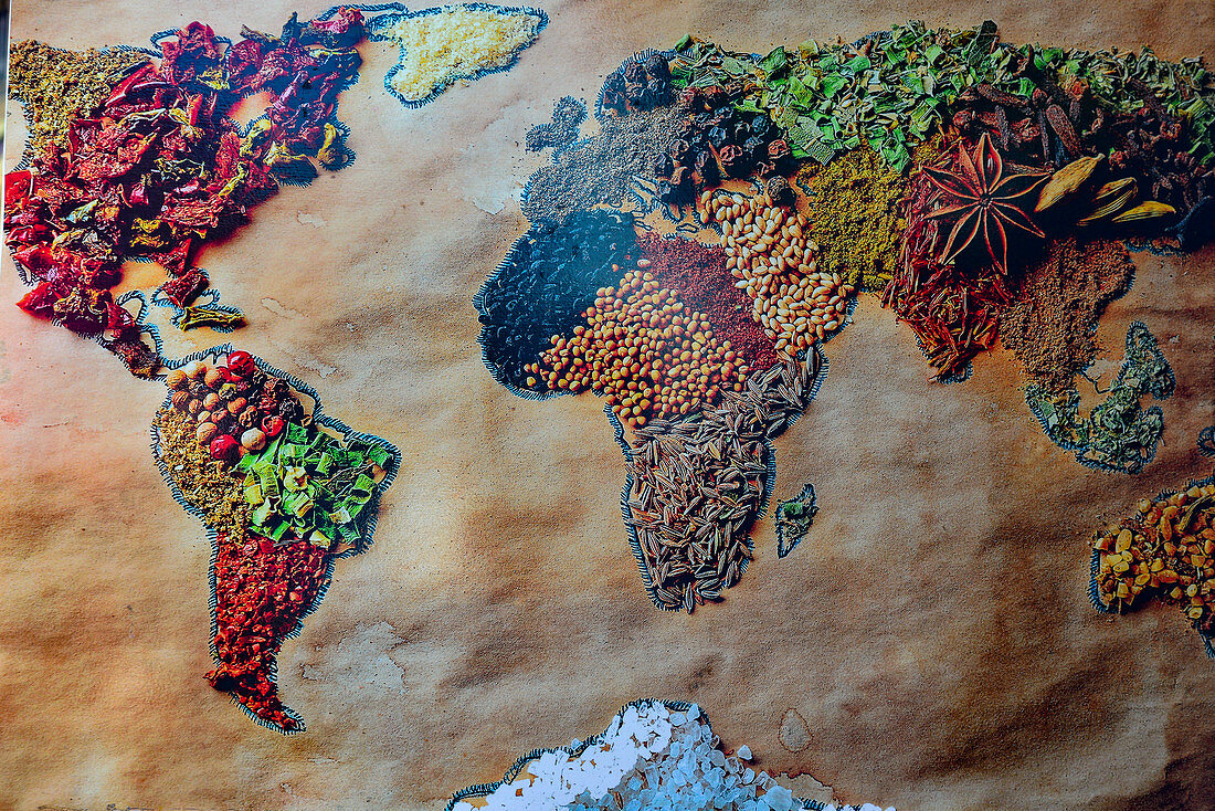 Bild einer Weltkarte aus Gewürzen und getrockneten Früchten, Naschmarkt, Wien, Österreich