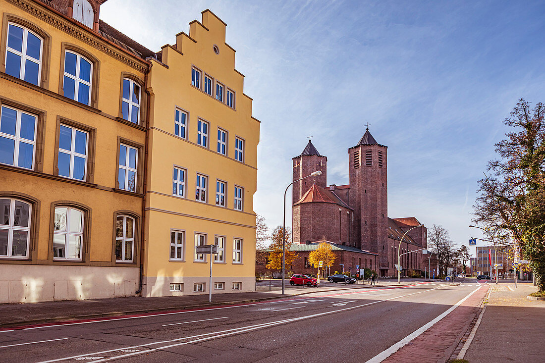 District Office and St. Josef Church in Memmingen, Bavaria, Germany