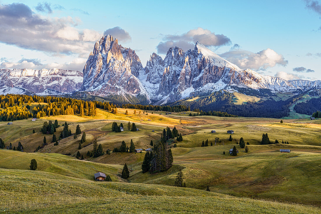 Shortly before sunset on the Alpe di Siusi in South Tyrol, Italy