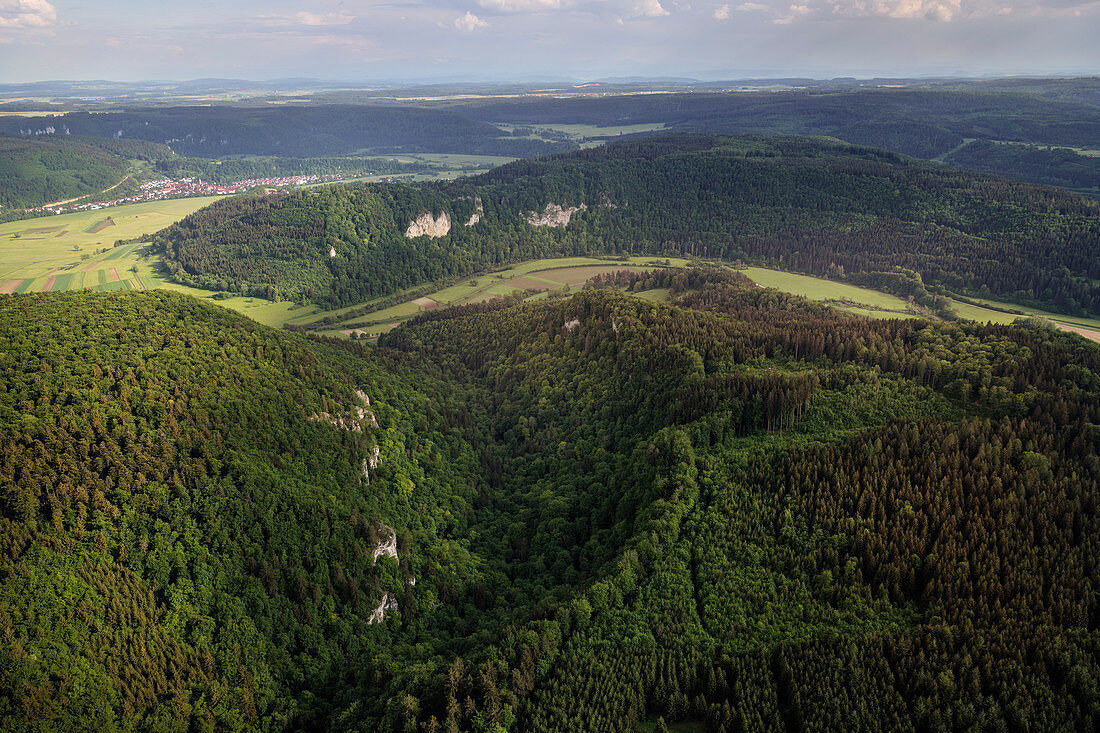 Aerial view of the Danube valley near Fridingen, Obere Donau Nature Park, Baden-Wuerttemberg, Germany, Europe