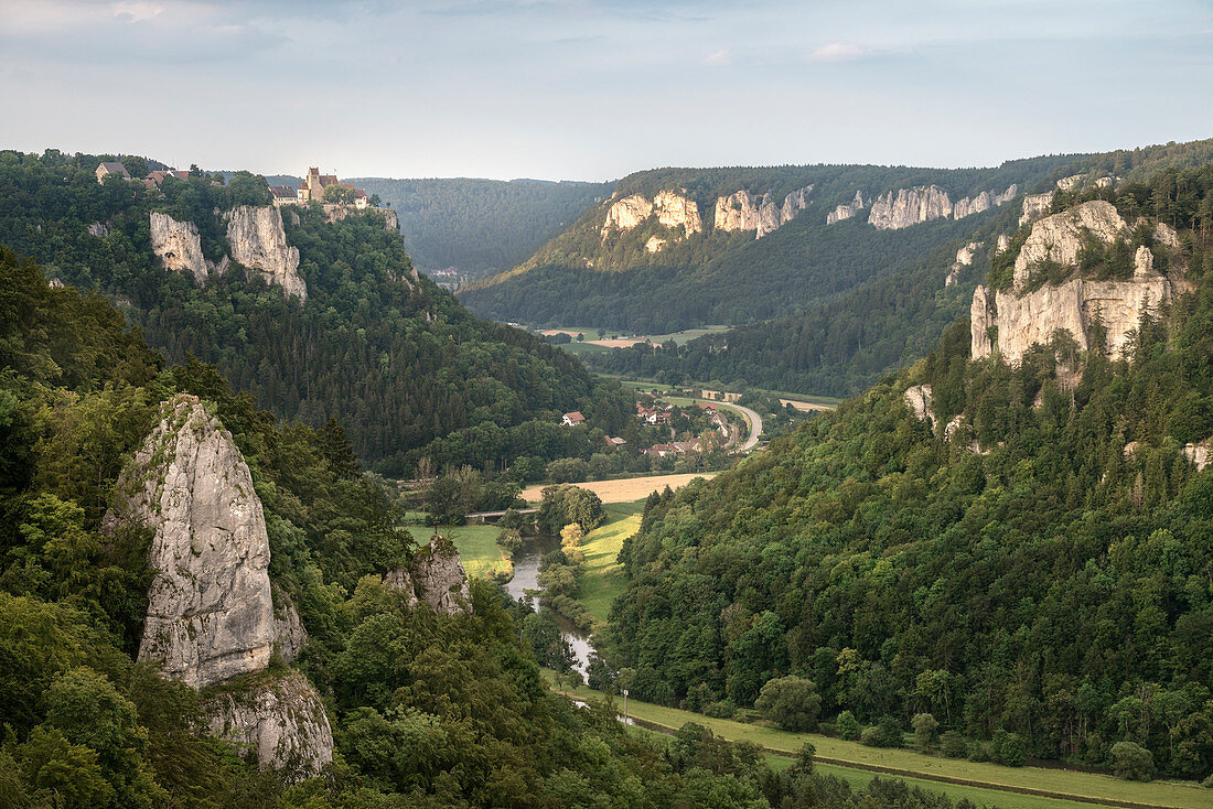 View to Werenwag Castle from Eichfels, Obere Donau Nature Park near Sigmaringen, Danube Gorge, Baden-Wuerttemberg, Germany, Europe