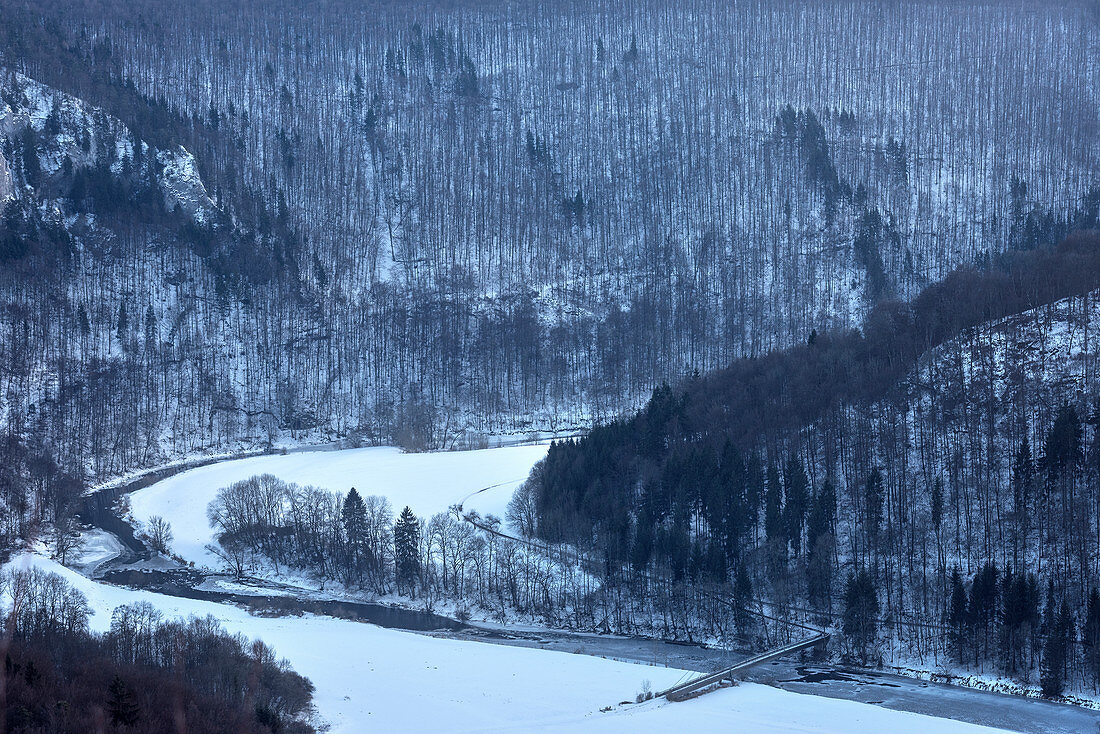 View from Eichfels to Donauschleife, Upper Danube Valley Nature Park near Sigmaringen in winter, Swabian Alb, Baden-Wuerttemberg, Germany, Europe