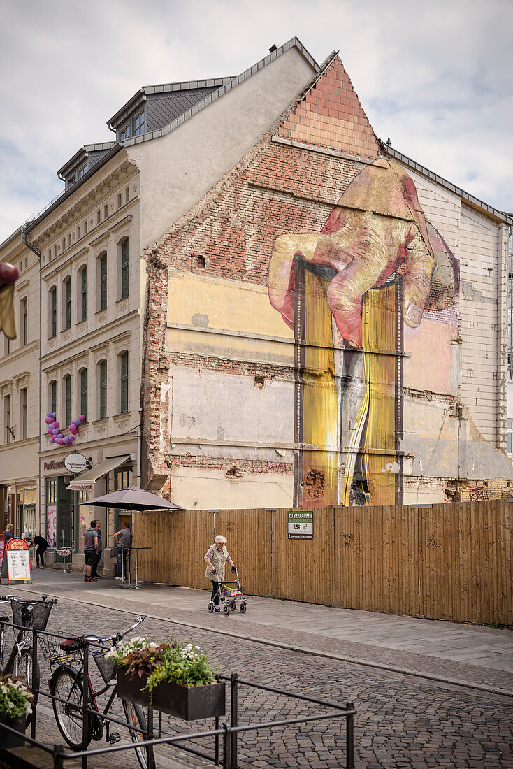 Streetart, Wandbild (mural) an abgerissenem Haus in der Altstadt, Lutherstadt Wittenberg, Sachsen-Anhalt, Deutschland, Europa