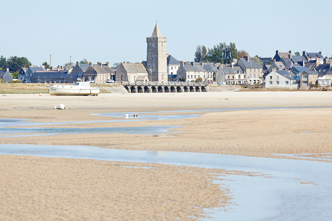 The natural harbor at Portbail in Normandy at low tide in summer. Cotentin Peninsula, France.