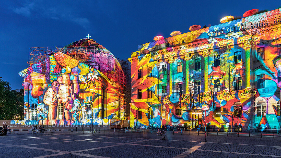 Festival of lights Berlin 2020, Bebelplatz, Hedwigskirche, Hotel de Rome, Berlin, Germany