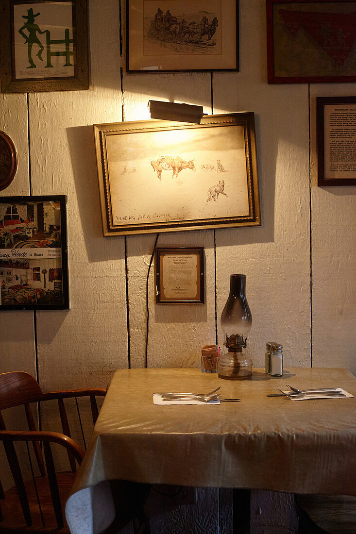 Laid table, Cold Spring Tavern, Santa Barbara, California, USA.