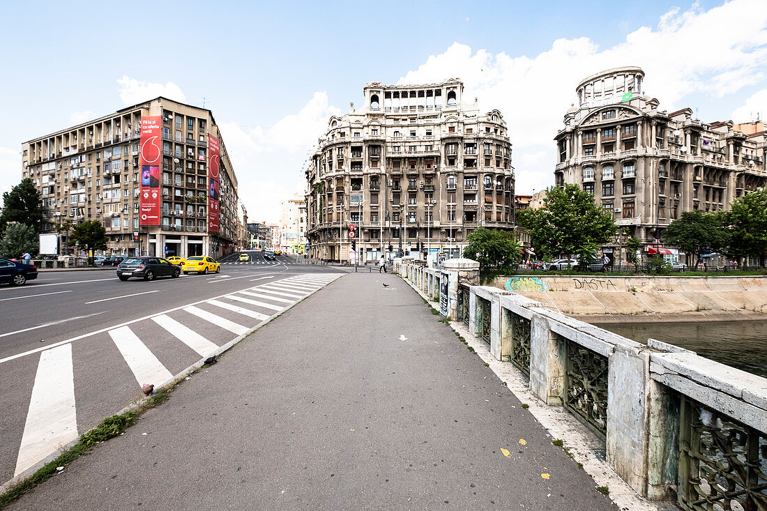 Bridge and street scene in Bucharest, Romania.