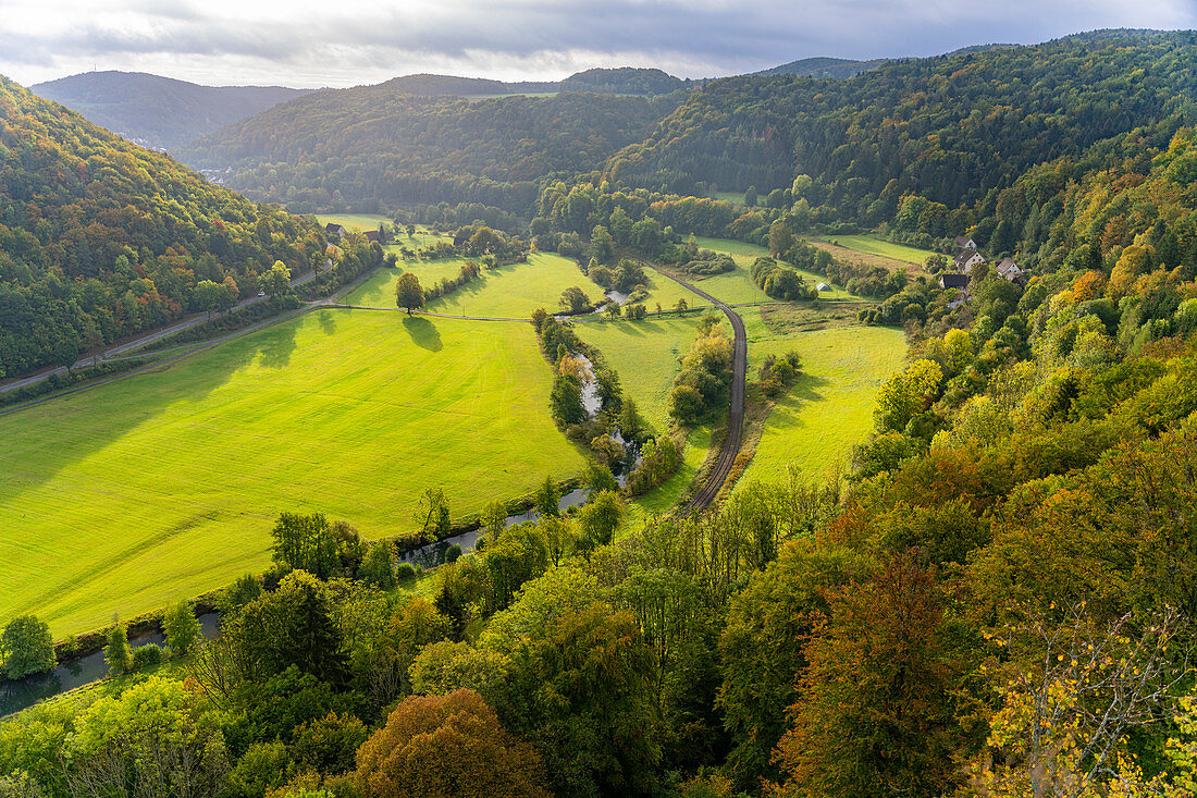 View from the castle ruin Neideck into the Wiesent valley, Franconia, Bavaria, Germany