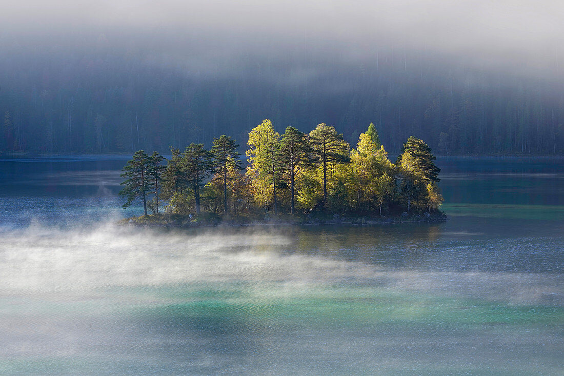 Morgennebel am Eibsee, Garmisch-Partenkirchen, Bayern, Deutschland